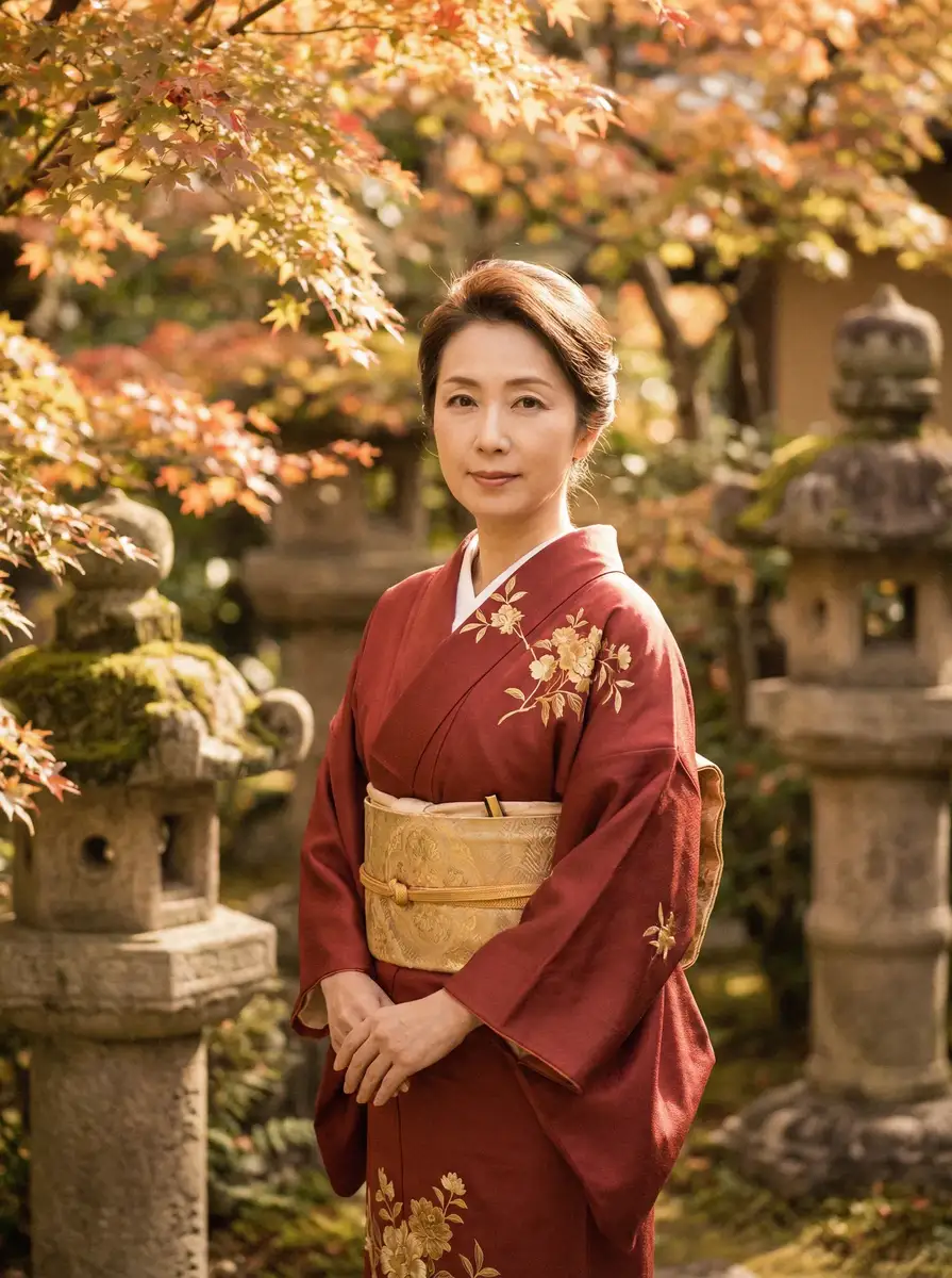 一位身穿暗红色和服的优雅 里番动漫 在日式庭院中
